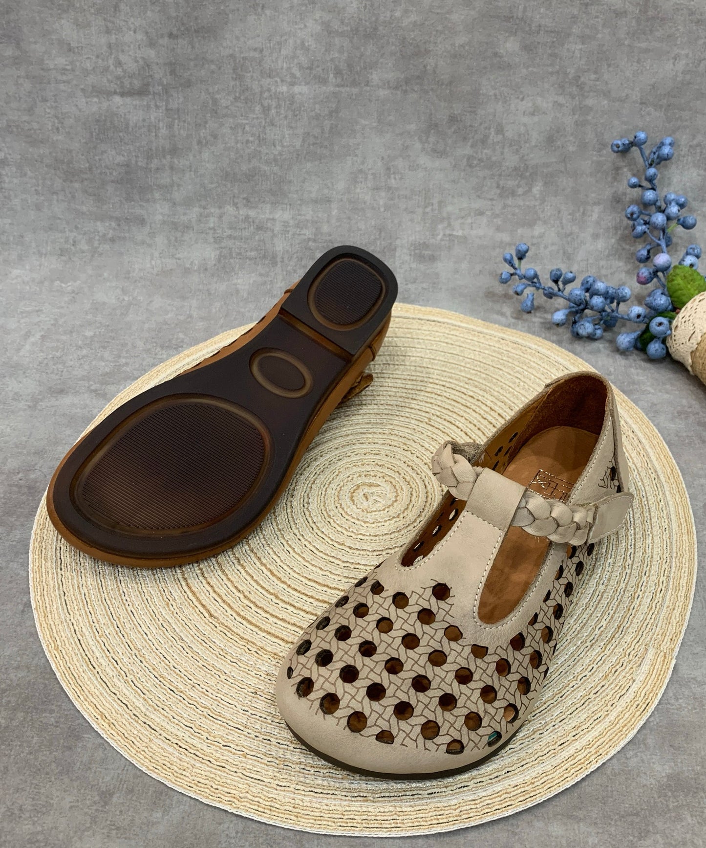Comfy Caramel Flat Shoes Hollow Out Cowhide Leather