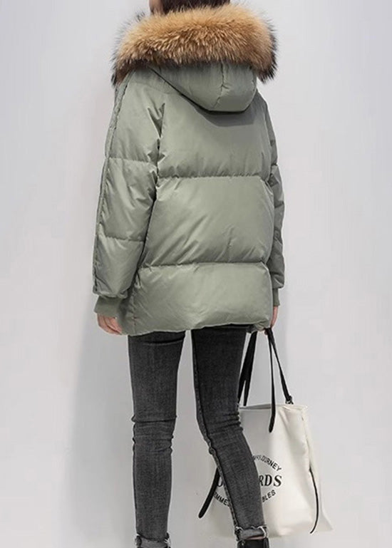 Green Fur Collar Hooded Pockets Fine Cotton Filled Jacket Winter