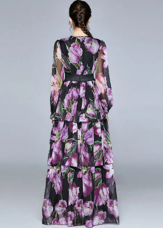 Boutique Purple Print O-neck Layered Design Chiffon Long Dresses Fall