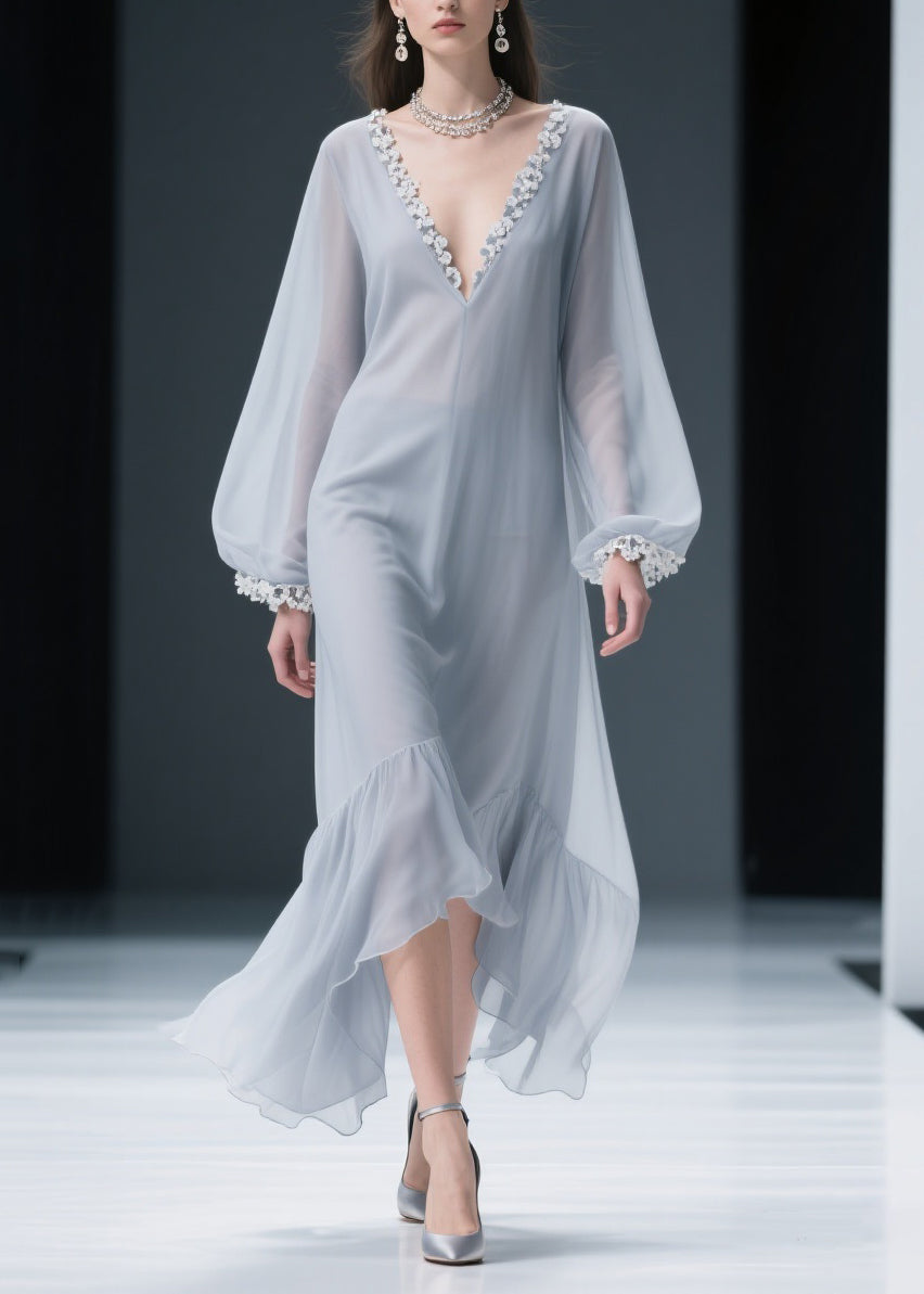 Light Grey Lace Chiffon Maxi Dresses V Neck Spring