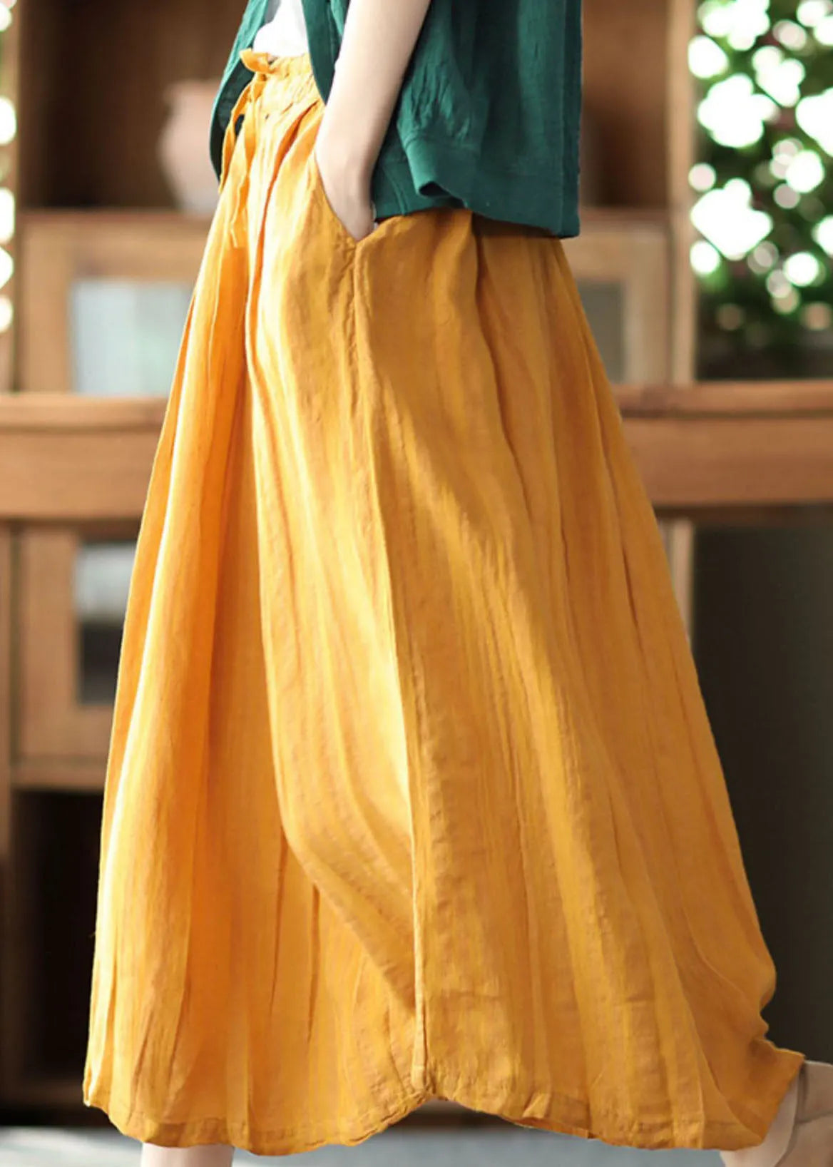 Yellow Wrinkled Patchwork Drawstring Linen Skirts Spring