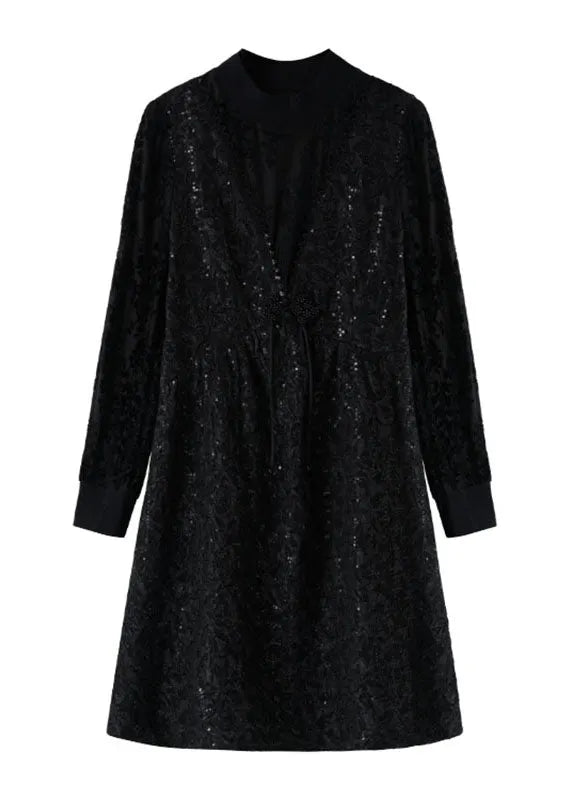 Jacquard Black O-neck Patchwork Nail Bead Fake Two Pieces Mid Dress Fall