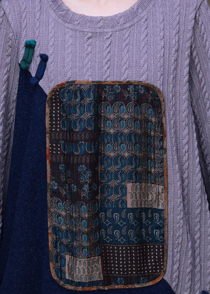 Grey Blue Patchwork Oriental Button Knit Sweater Dress Long Sleeve