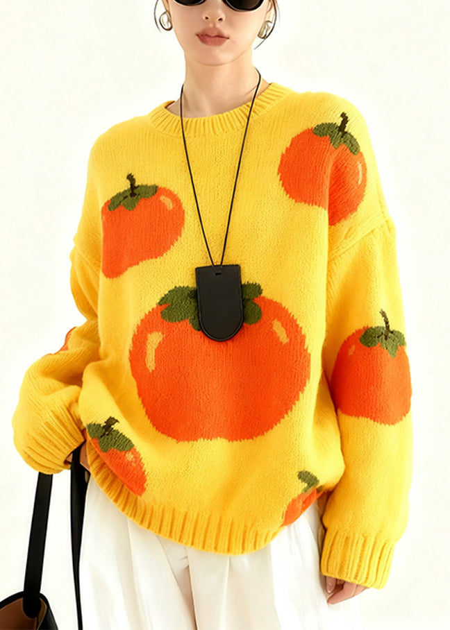 Yellow Oversized Tomato Jacquard Knit Pullover Winter