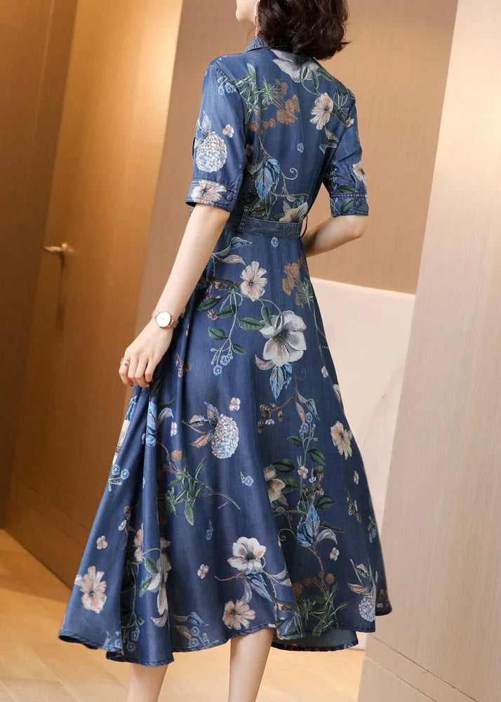 Blue Peter Pan Collar Print Button Sashes Denim Long Dress Short Sleeve