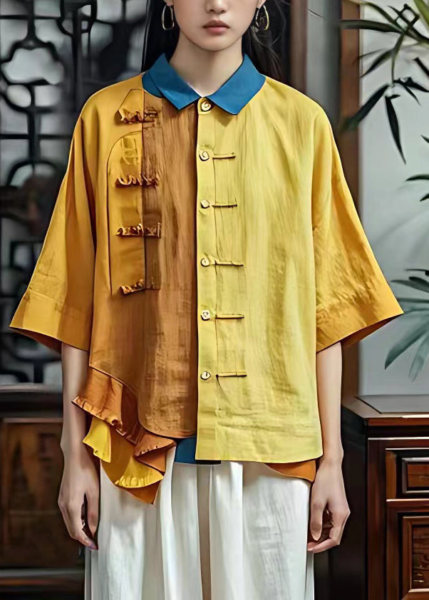 Yellow Peter Pan Collar Ruffled Patchwork Tops Half Sleeve