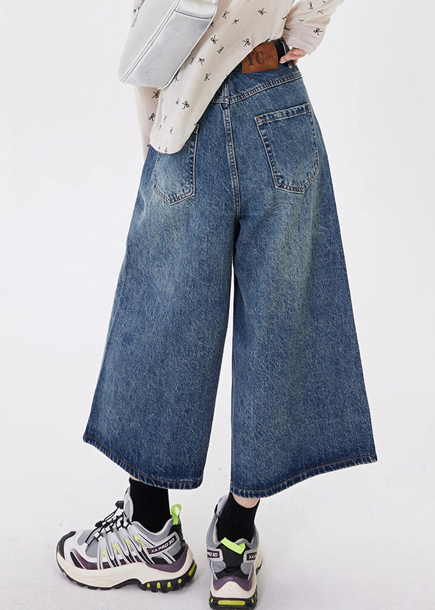 Blue Pockets Patchwork Denim Crop Pants