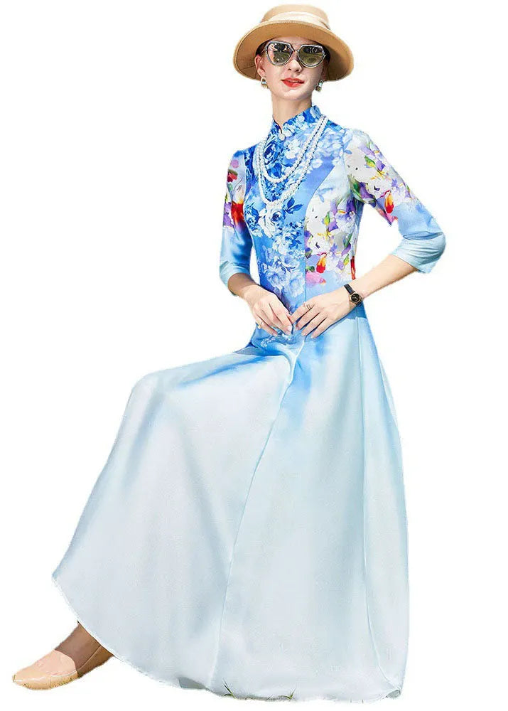 Sky Blue Stand Collar Print Exra Large Hem Silk Dress Cheongsam Bracelet Sleeve