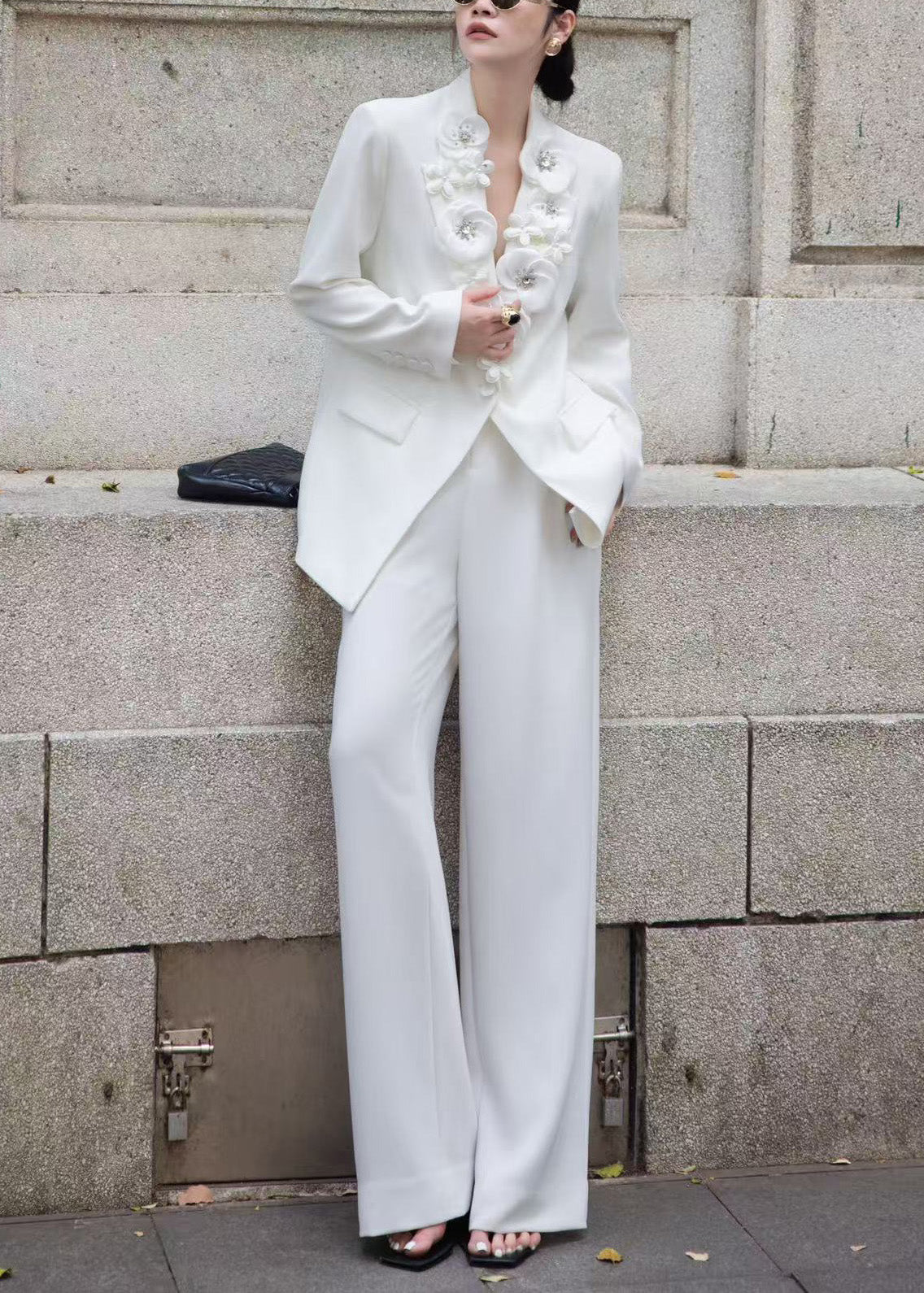 Italian White Decorated Suit Coat and Pants Two Pieces Set Fall