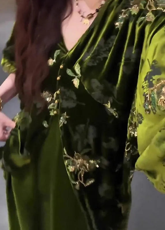 Green V Neck Silk Velvet Coats and Maxi Dress Two Pieces Set Lantern Sleeve
