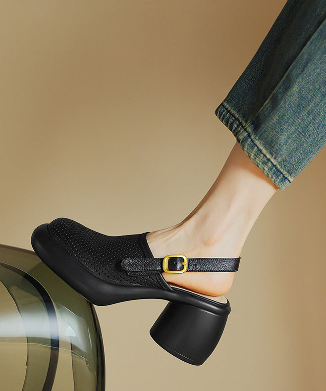 Novelty Black Hollow Out Splicing Buckle Strap Chunky Sandals
