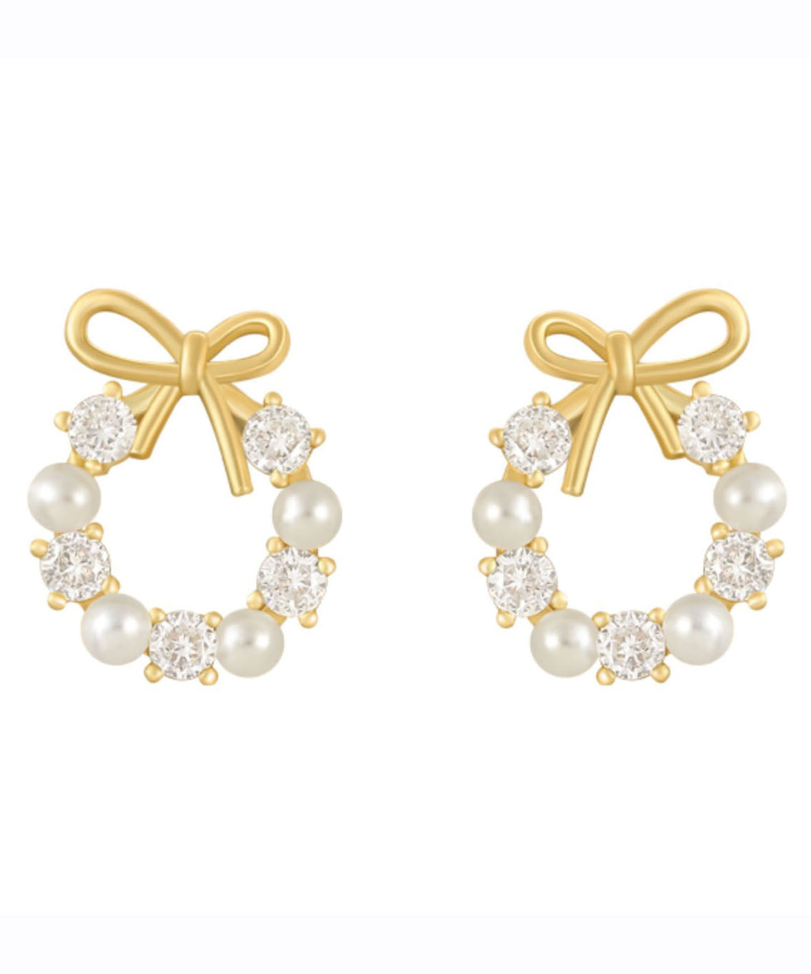 Gold Copper Alloy Zircon Pearl Bow Hoop Earrings