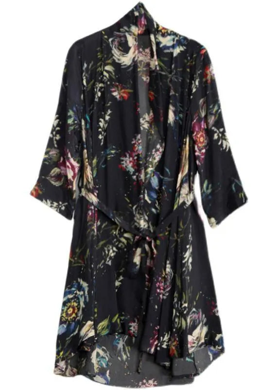 Organic Black Print Clothes Tie Waist Cardigan Coat