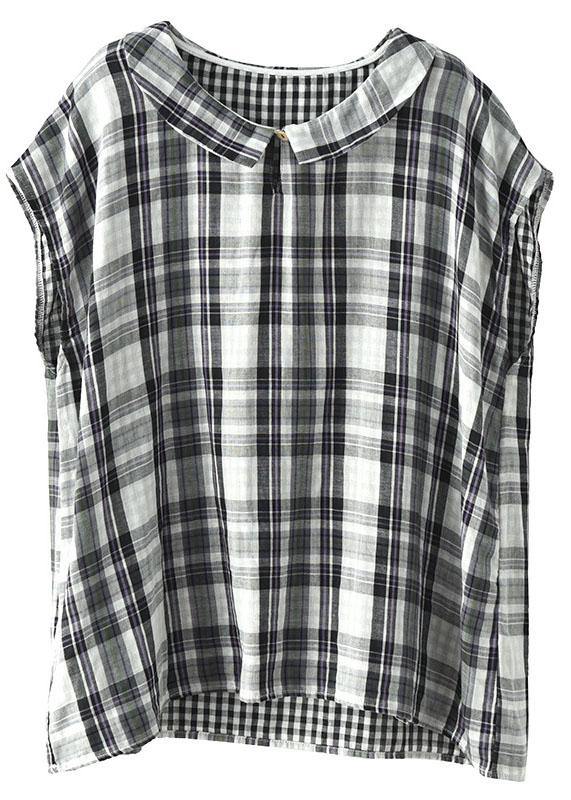 Black White Plaid Peter Pan Collar Cotton Shirts Summer