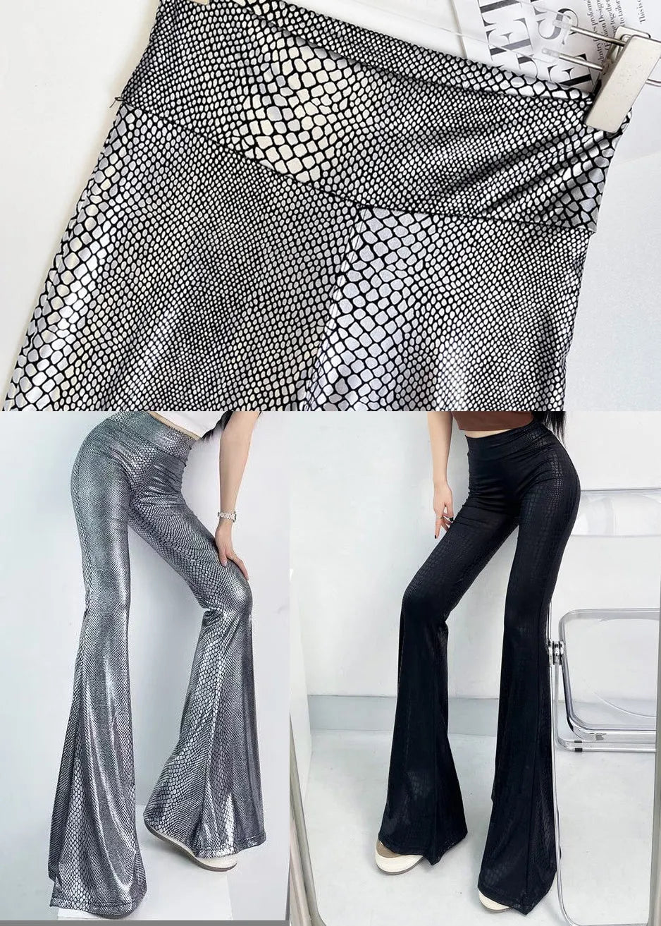 Silvery Snakeskin Pattern Tummy Control Flared Trousers Fall