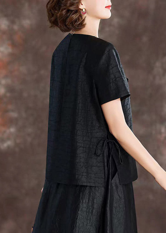 Black Ruffled Patchwork Silk Tops Short Sleeve