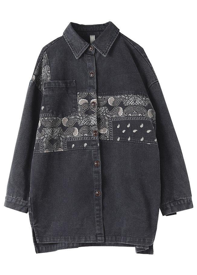 Black Peter Pan Collar Button Print Fall Long Sleeve Blouse Tops