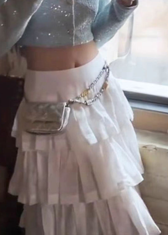 White Wrinkled High Waist Cotton Skirt Summer