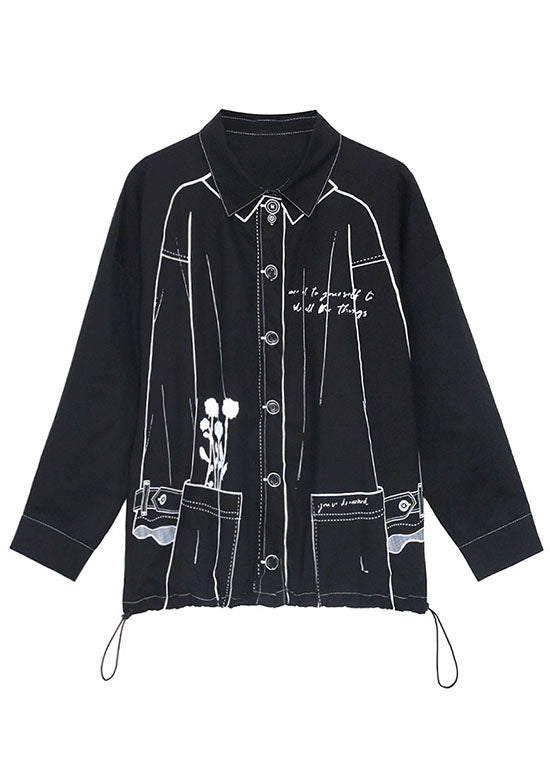 Black Print Drawstring Button Fall Long Sleeve Shirts