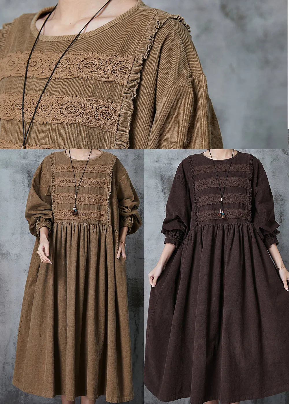 Coffee Oversized Patchwork Lace Corduroy Long Dress Spring