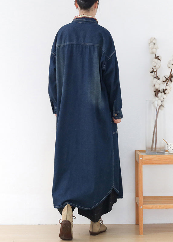 Blue Peter Pan Collar Patchwork Letter Print Button Pockets Cotton Denim Dresses Long Sleeve