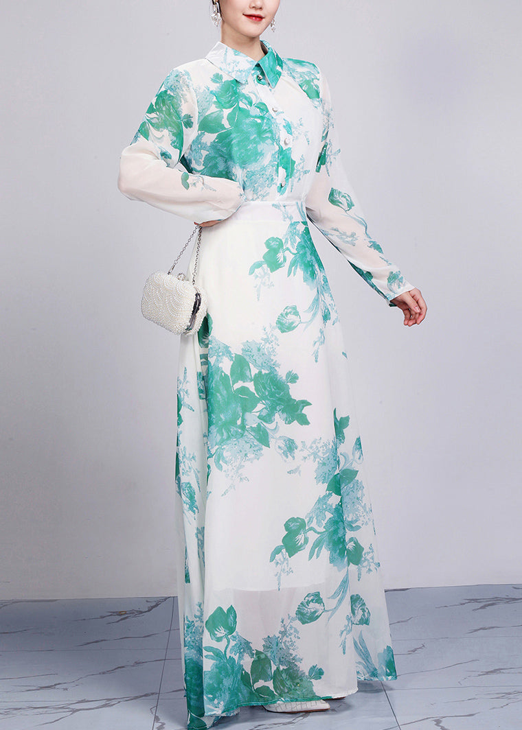 Green High Waist Chiffon Robe Dresses Peter Pan Collar Spring