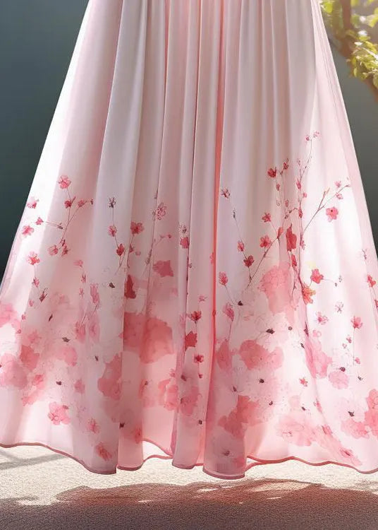 Pink Print Elastic Waist Chiffon Skirt Summer