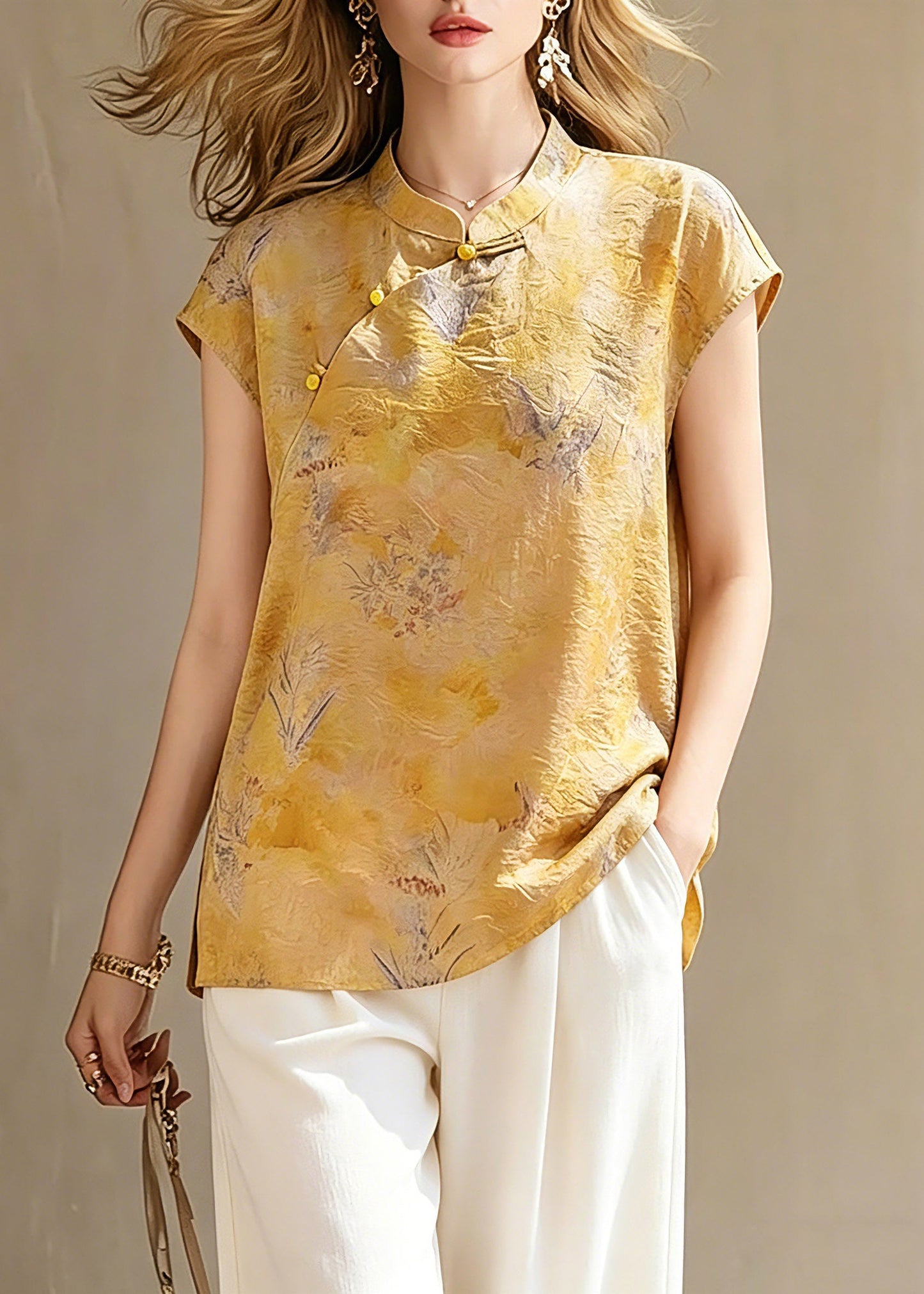 Handmade Yellow Print Button Linen Shirts Short Sleeve Summer