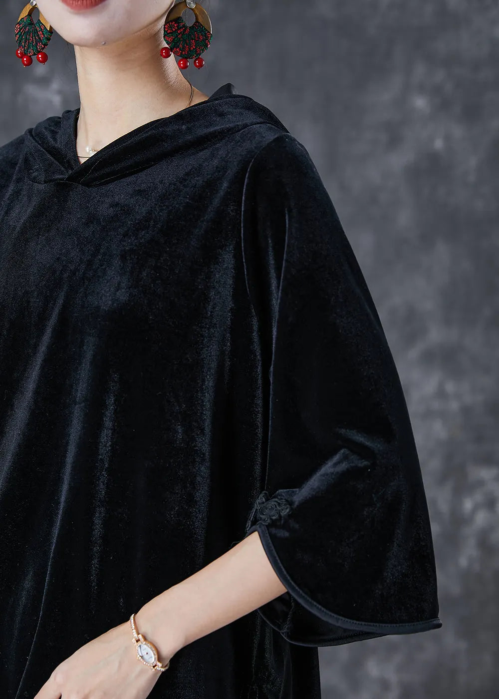 Black Tasseled Chinese Button Silk Velour Two Pieces Set Fall