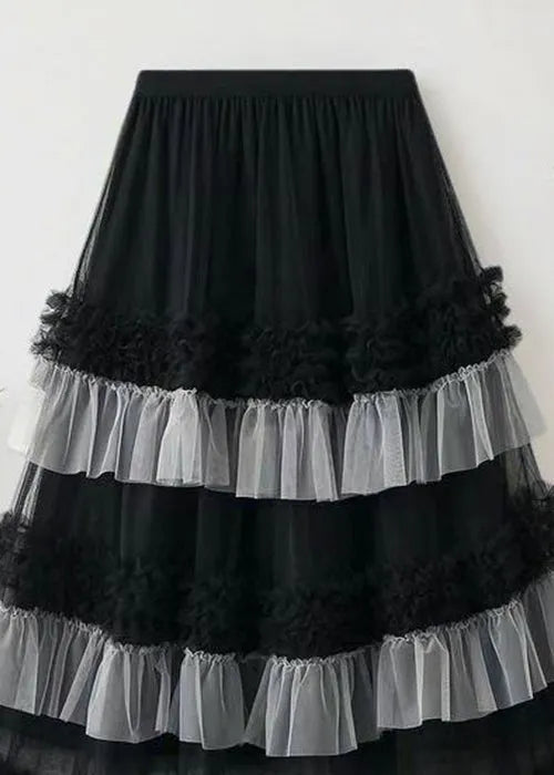 Loose Black Ruffled Elastic Waist Tulle Skirts Summer