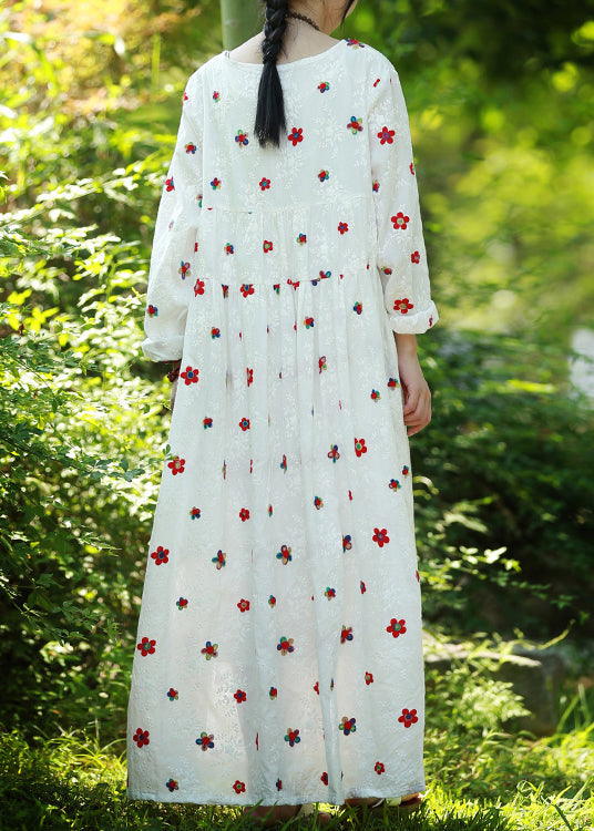 White Cinched Embroidery High-waisted Long Dresses Long Sleeve