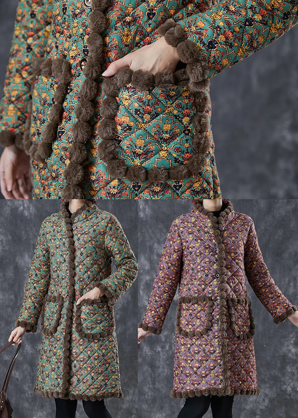 Art Green Oversized Print Warm Fleece Coat Winter