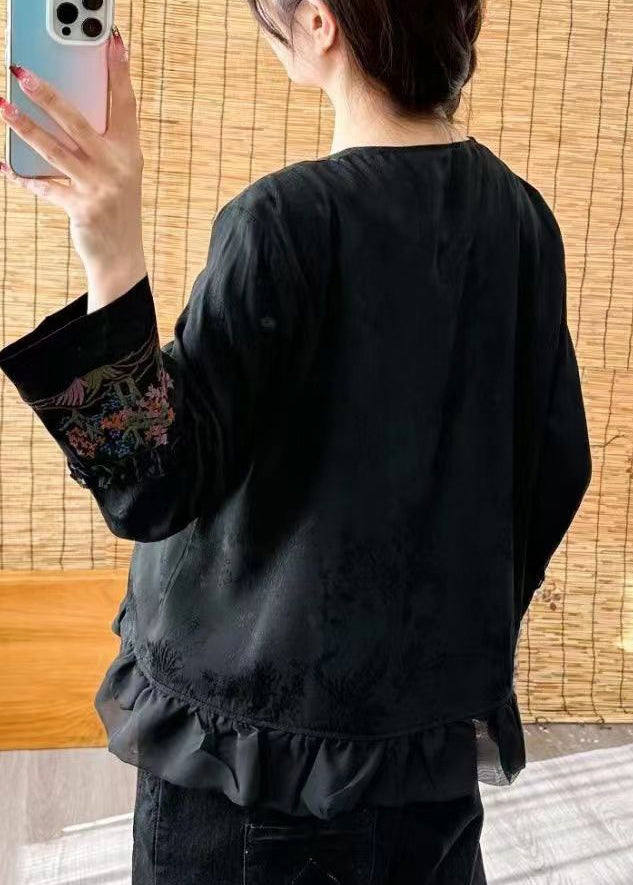 Loose Black V Neck Ruffled Embroideried Button Shirt Long Sleeve