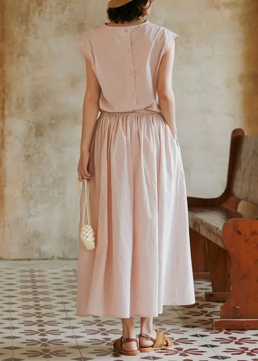 Grey Lace Up Pockets Cotton Dress Sleeveless