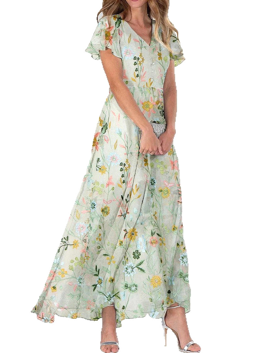 Green V Neck Print Chiffon Long Dresses Summer