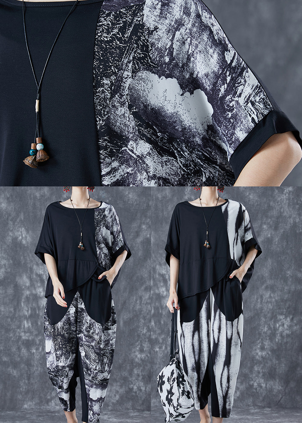 Black Patchwork Cotton Sets 2 Pieces Asymmetrical Summer