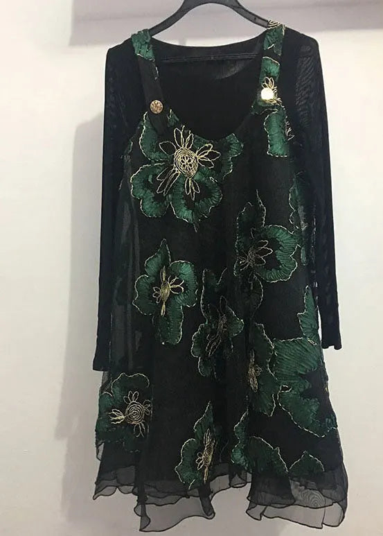 Black Bottomed Shirt + Embroideried Print Dress Fall Two Pieces Set