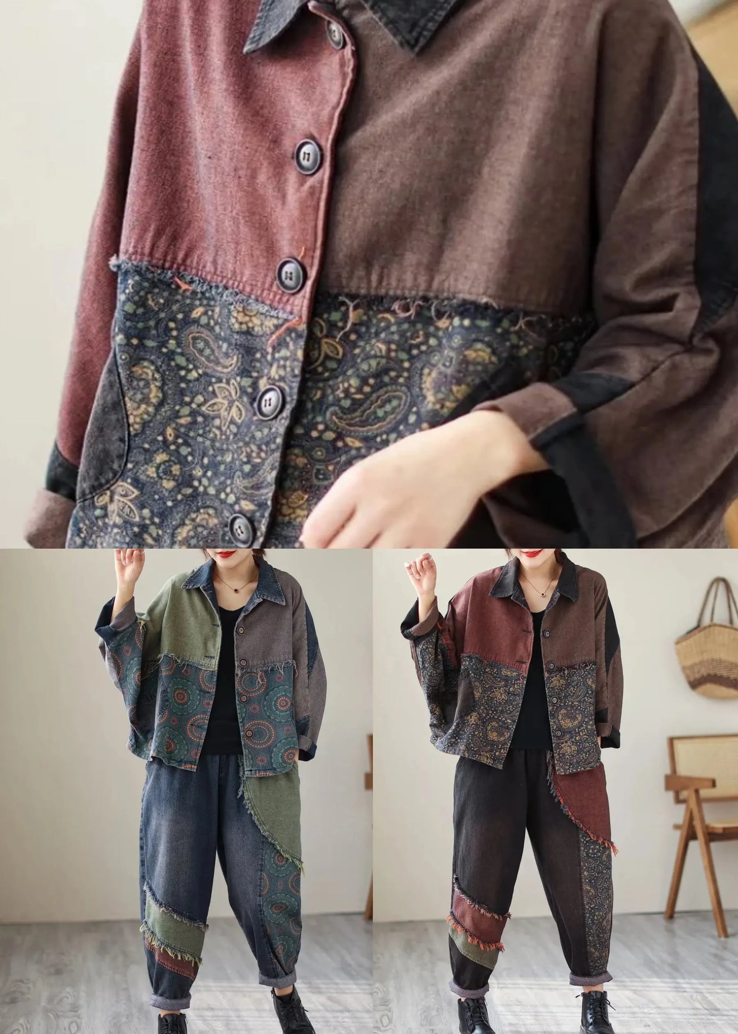 Black Print Patchwork Coats and Pants Denim Two Piece Suit Set Fall