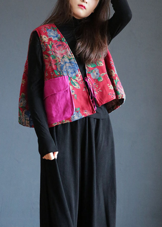 Diy Red Print Oversized Tie Waist Fine Cotton Filled Vest Spring