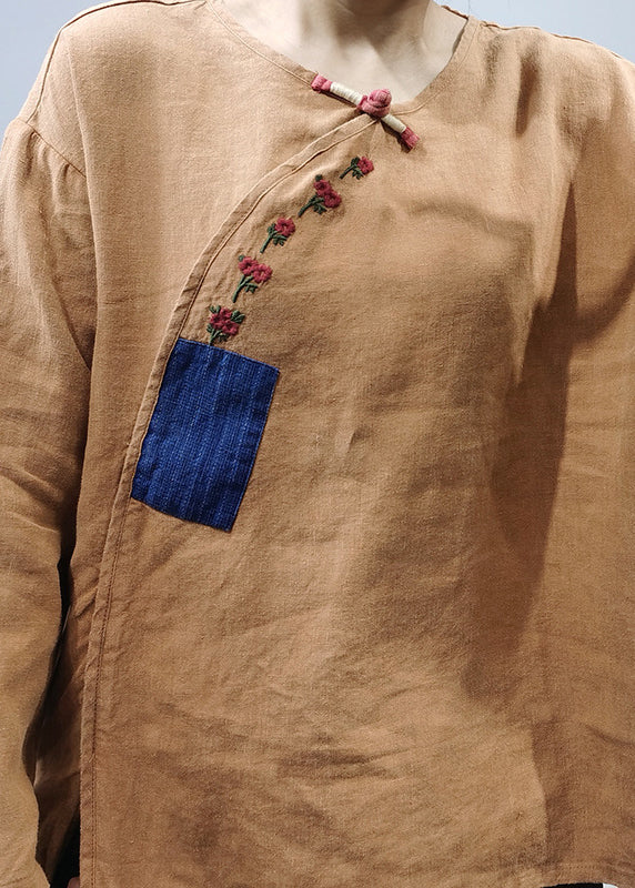 Khaki O-neck Embroideried Patchwork Linen Top Long Sleeve