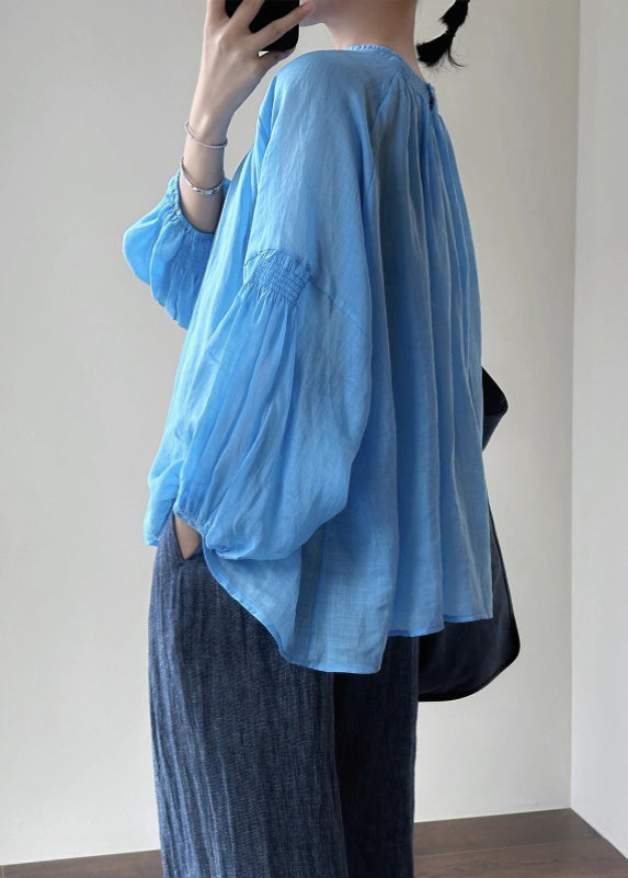 New Blue O-neck Cotton Shirt Lantern Sleeve