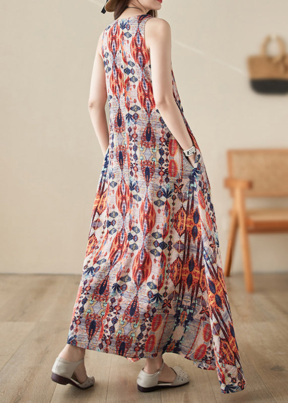 Orange Print Cozy Long Dresses Sleeveless