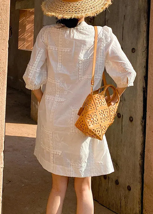 White V Neck Hollow Out Pockets Cotton Dress Half Sleeve