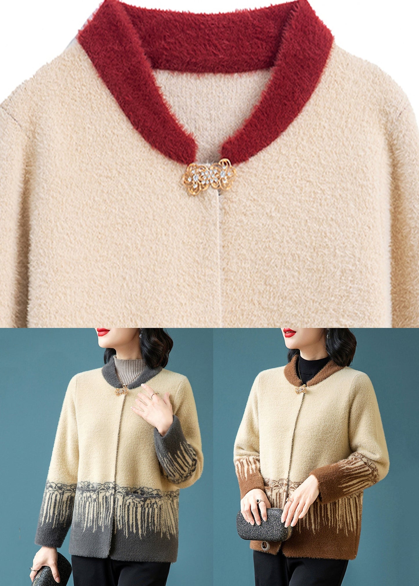 Coffee Button Mink Hair Knitted Coats Long Sleeve
