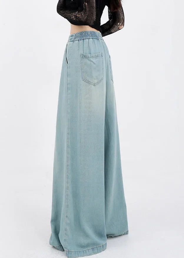 French Blue Lace Up Pockets Denim Wide Leg Pants Spring