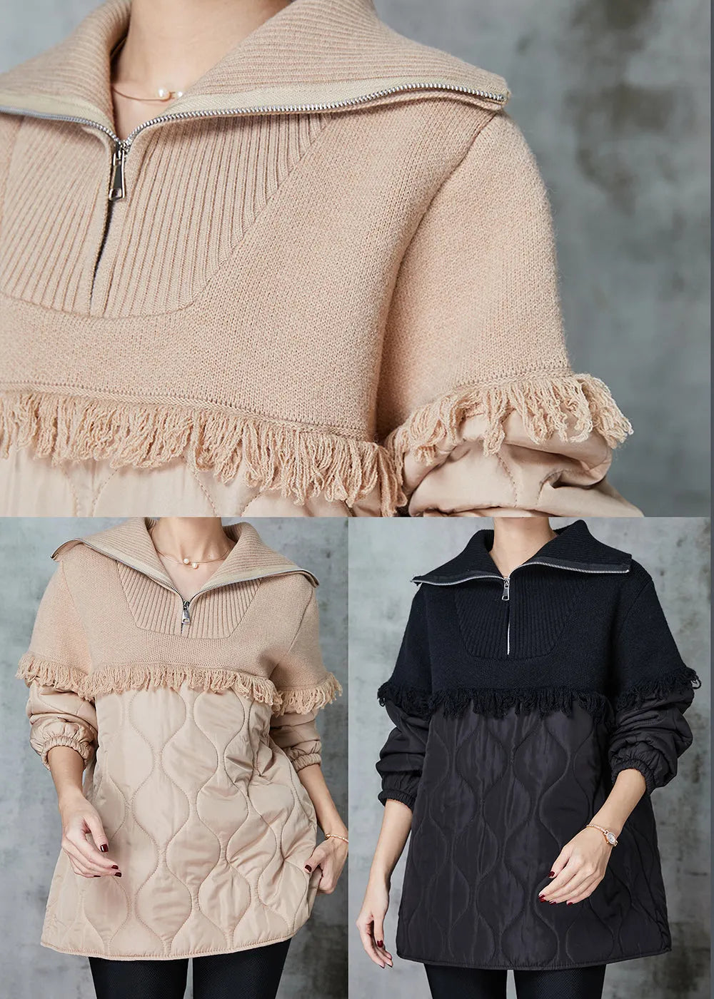 Black Tasseled Patchwork Fine Cotton Filled Sweatshirts Tracksuits Winter
