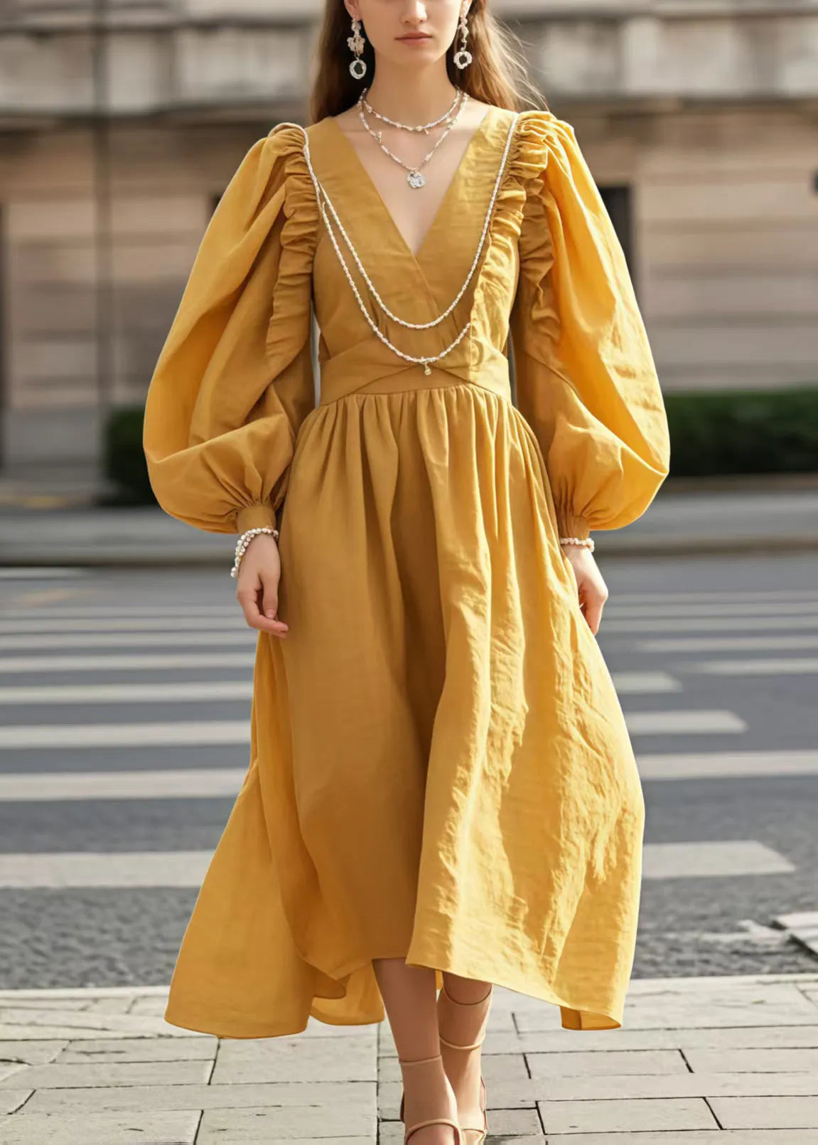 Yellow V Neck Wrinkled Cotton Party Dress Lantern Sleeve