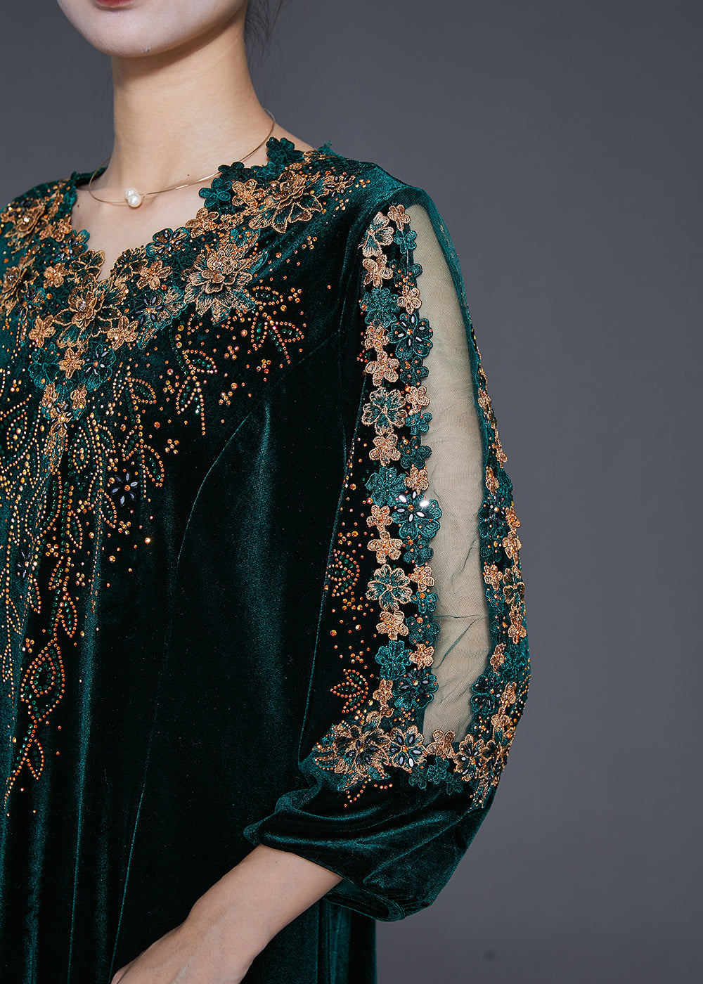 Blackish Green V Neck Zircon Silk Velour Maxi Dresses Fall