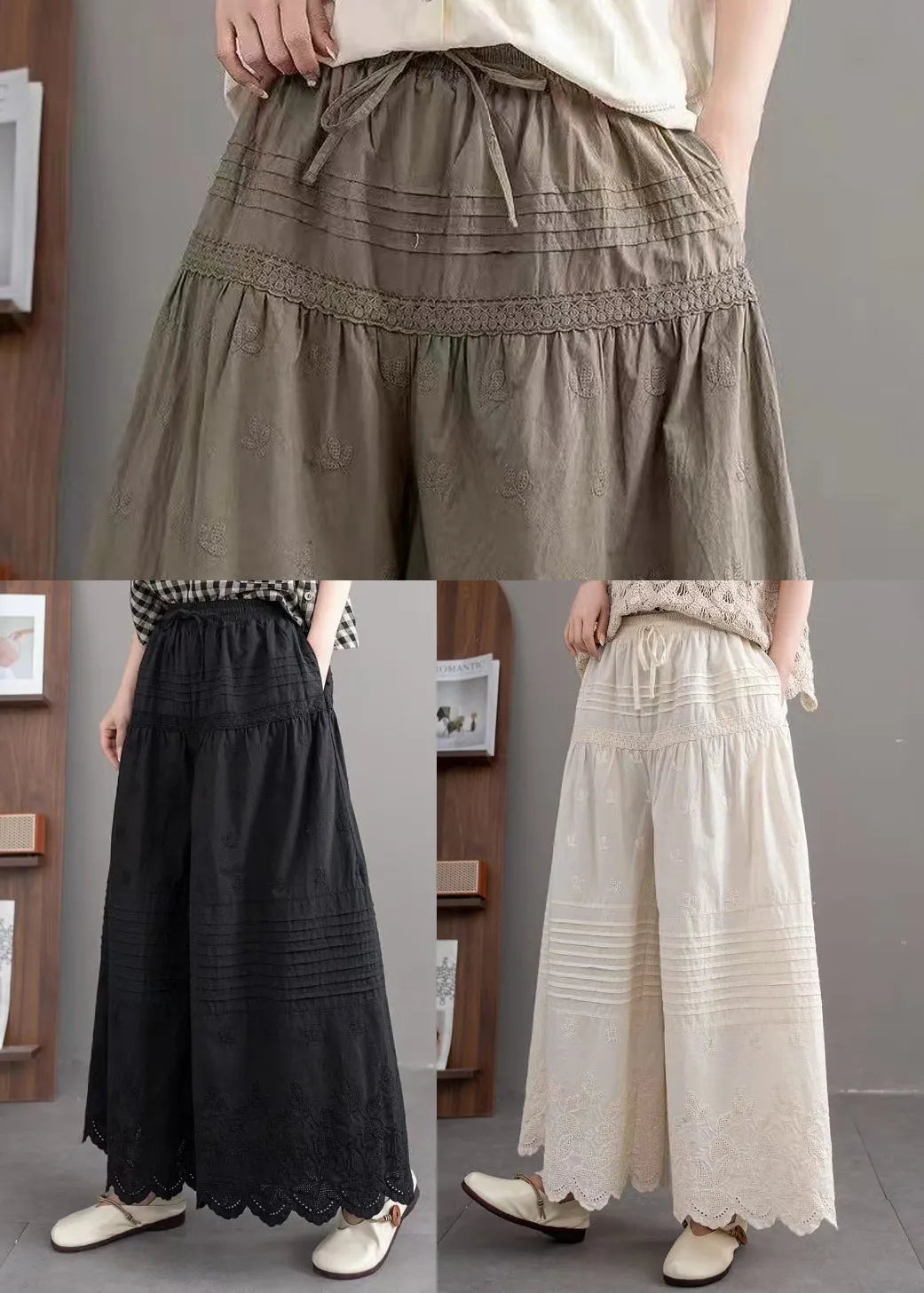 Beige Embroidered Wrinkled Cotton Pants Summer