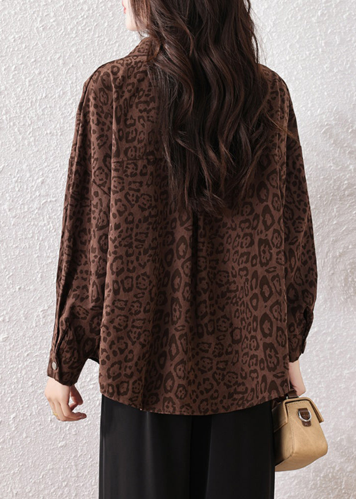 Coffee Leopard Pockets Cotton Shirts Fall